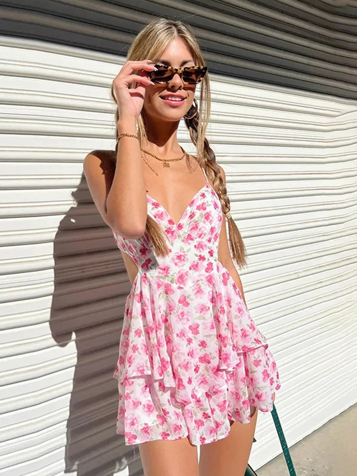 Pink Floral V Neck Mini Dress