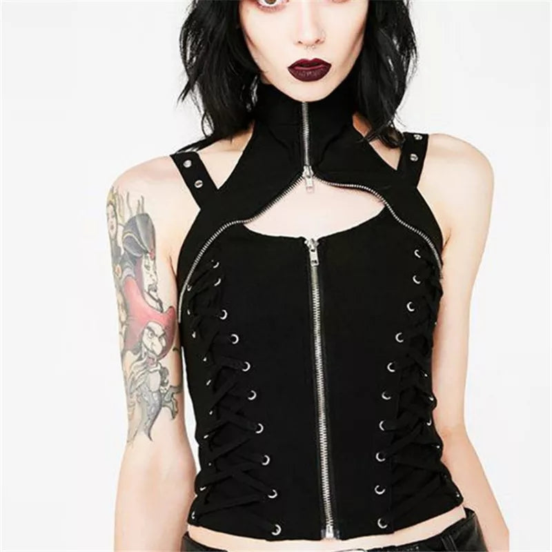 Cute Black Zipper Choker Halter Sleeveless Bandage Tank Crop Top Punk Goth Summer Aesthetic Club E-Girl Kawaii Korean Japanese Harajuku