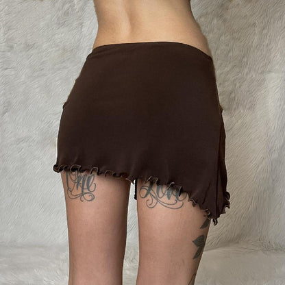 Brown Y2k Irregular Drawstring Low Waist Mini Skirt