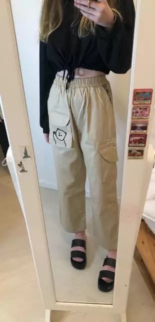 Cute Black Khaki Bear Embroidery Wide Leg Pants Women Casual High Waisted Loose Long Straight Bottom E-Girl Kawaii Korean Japanese Harajuku Streetwear