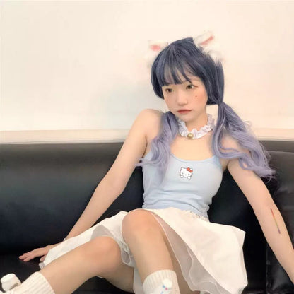 Cute Vintage Cat Kitten Cartoon Print Aesthetic Sleeveless Shirt Crop Top Tank Camisole Casual E-Girl Kawaii Korean Japanese Harajuku Streetwear