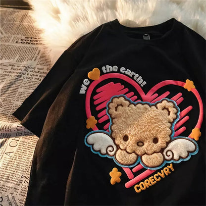 Cute Plush Bear Angel Love Heart Print Sleeveless Short Sleeve Shirt Top Aesthetic Casual E-Girl Kawaii Korean Japanese Harajuku