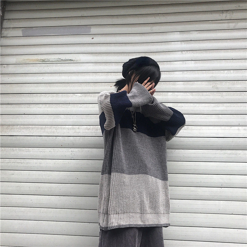 Grey Stripe Patchwork Sweater