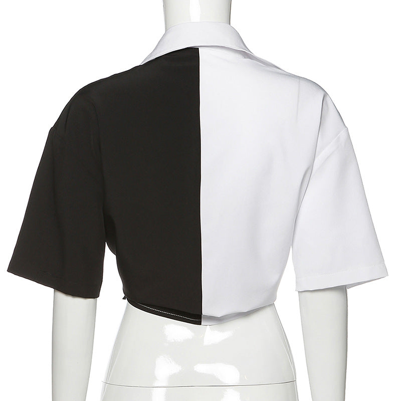 Cute Sexy Black White Patchwork Casual Crop Short Sleeve Shirt Tee T-shirt E-Girl Kawaii Korean Japanese Harajuku Chinese Retro Streetwear Aesthetic