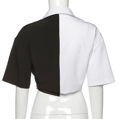 Cute Sexy Black White Patchwork Casual Crop Short Sleeve Shirt Tee T-shirt E-Girl Kawaii Korean Japanese Harajuku Chinese Retro Streetwear Aesthetic