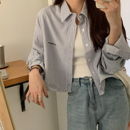 Blue Stripe Cropped Long Sleeve Shirt