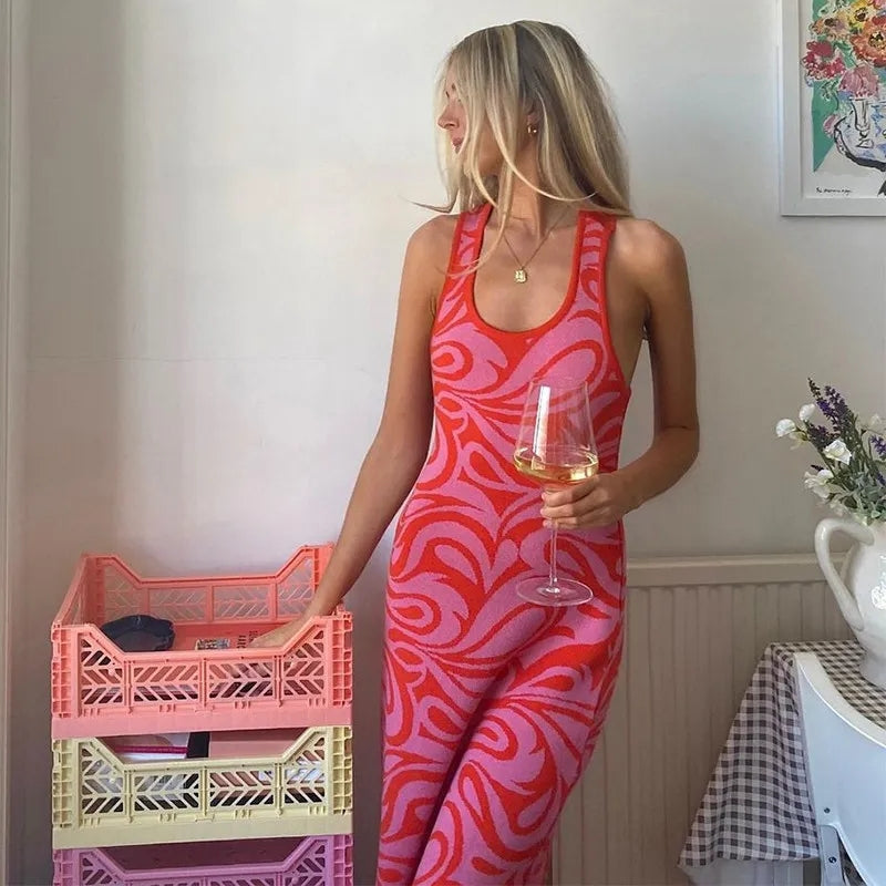 Pink & Red Pattern Criss Cross Split Hem Dress