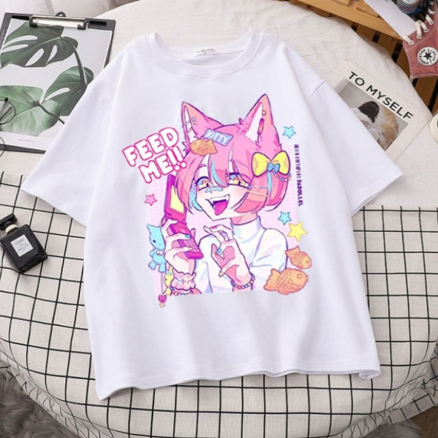 Cute Pastel Sweet Fox Anime Girl Cartoon Print Short Sleeve T-shirt Loose Punk Aesthetic Casual Summer E-Girl Kawaii Korean Japanese Harajuku