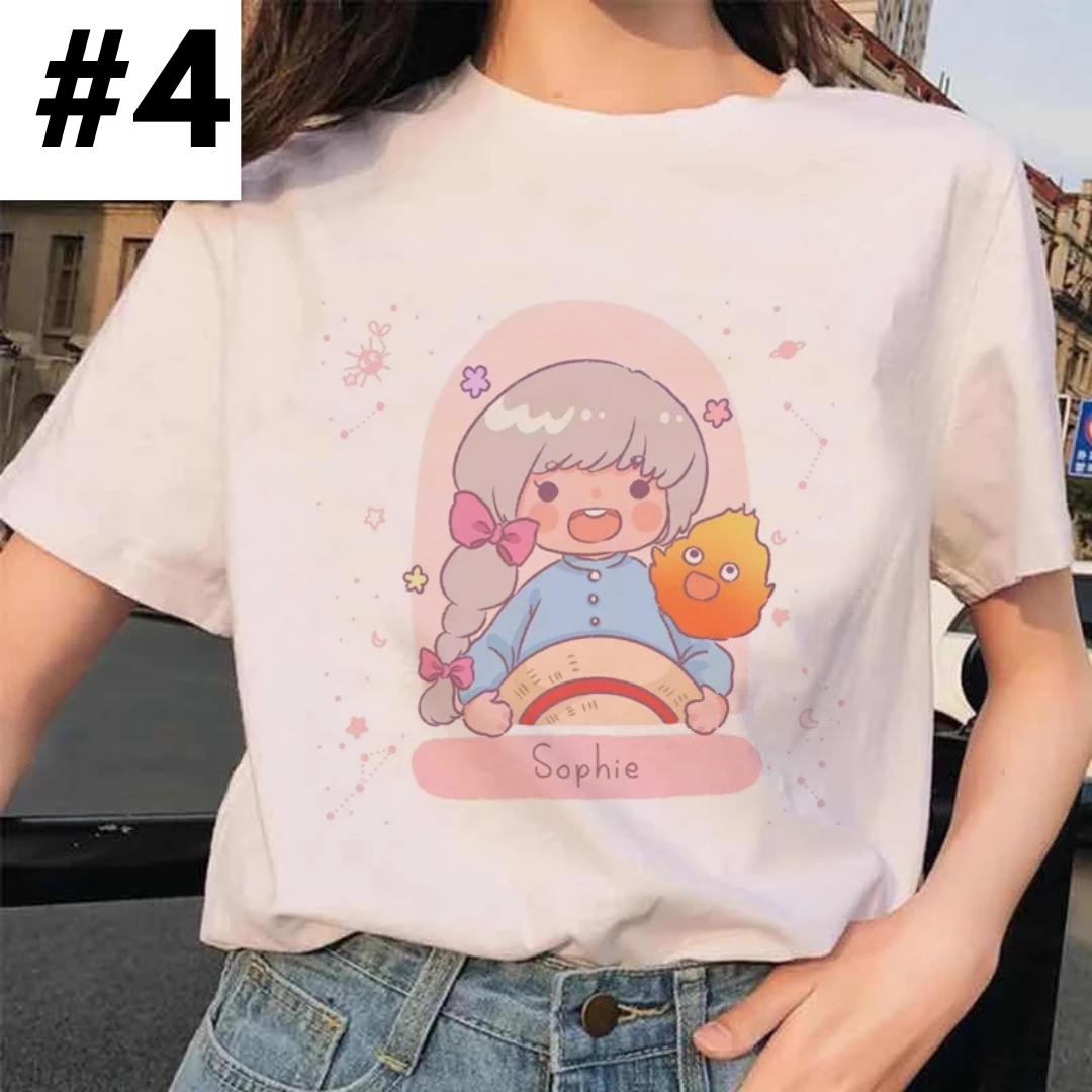 Cute Japanese Anime Cartoon Graphic Print Loose White Short Sleeve Shirt