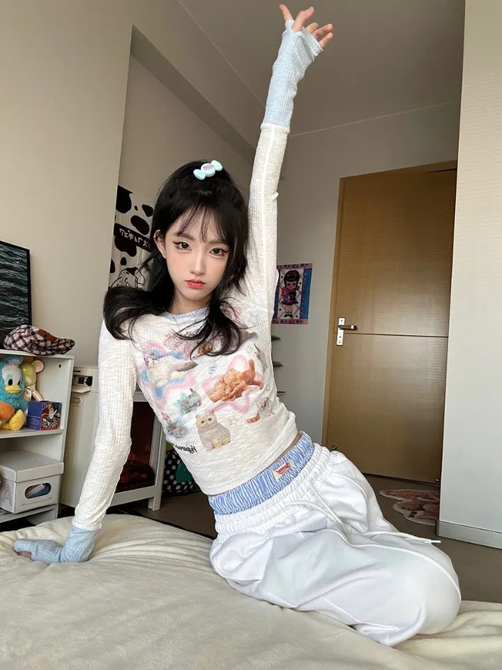Kawaii Cat Print Long Sleeve T-shirt