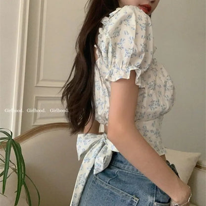 Blue Floral Bandage Puff Sleeve Square Collar Top