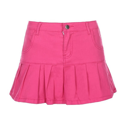 Cute High Waisted Pleated Denim Zipper Mini Skirt Blue Pink Bottoms Club Aesthetic Summer Party E-Girl Kawaii Korean Japanese Harajuku Streetwear
