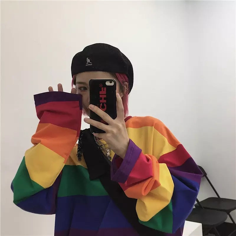Colorful Rainbow Striped Oversize Loose Long Sleeve Shirt Top T-shirt O Neck Casual E-Girl Kawaii Korean Japanese Harajuku Streetwear
