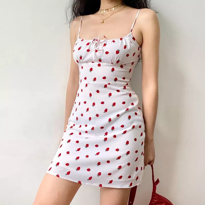 Cute White Strawberry Print Spaghetti Strap Sleeveless Mini Dress Beach Party Summer Aesthetic Casual E-Girl Kawaii Korean Japanese Harajuku