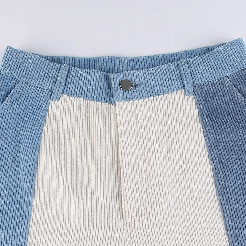 Blue Patchwork Corduroy High Waist Trousers