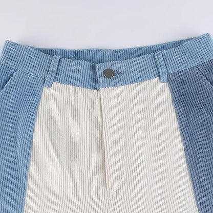 Blue Patchwork Corduroy High Waist Trousers