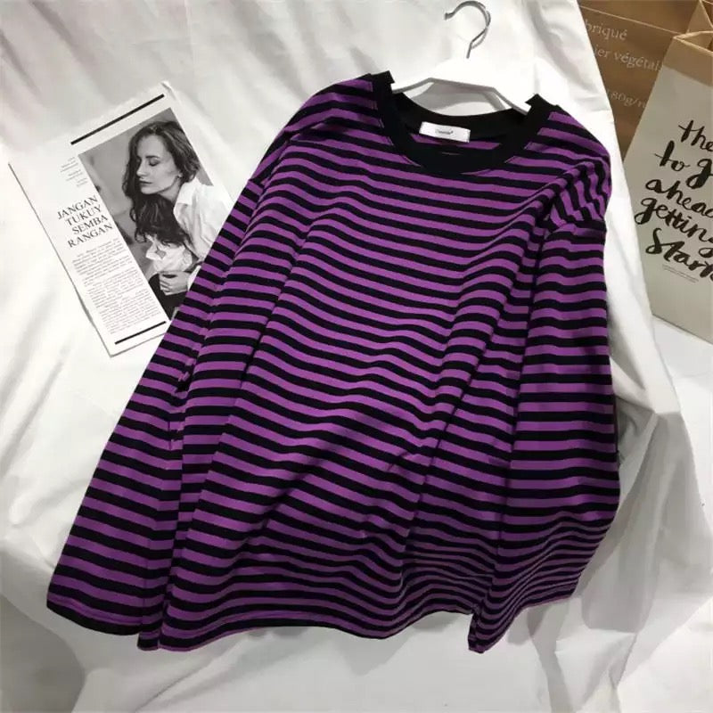 Cute Casual Stripe Round Neck Long Sleeve Tee Shirt T-shirt Top Plus Oversized Baggy E-Girl Kawaii Korean Japanese Harajuku Retro Streetwear