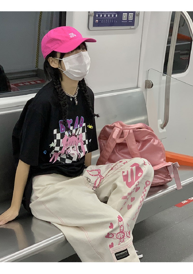 Anime Girl Print Wide Leg Pants