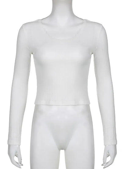 White Ribbed Lace Long Sleeve Shirt