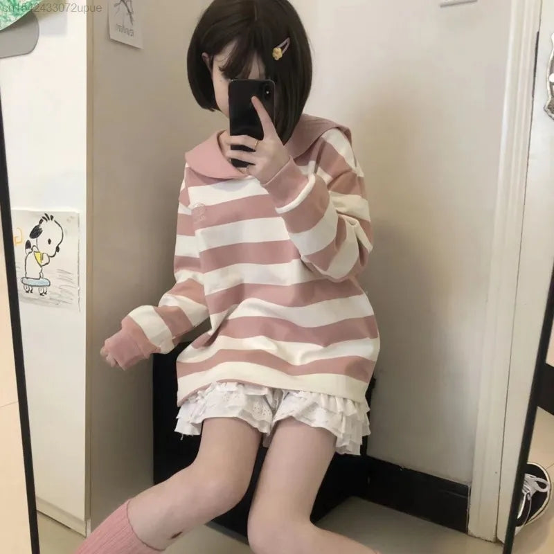 Japanese Anime Collar Stripe Long Sleeve Shirt