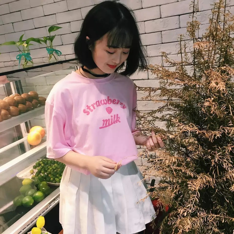 Cute Pastel Pink Strawberry Milk Causal Letter Print Short Sleeve T-shirt Top Tee Shirt E-Girl Kawaii Korean Japanese Harajuku Streetwear