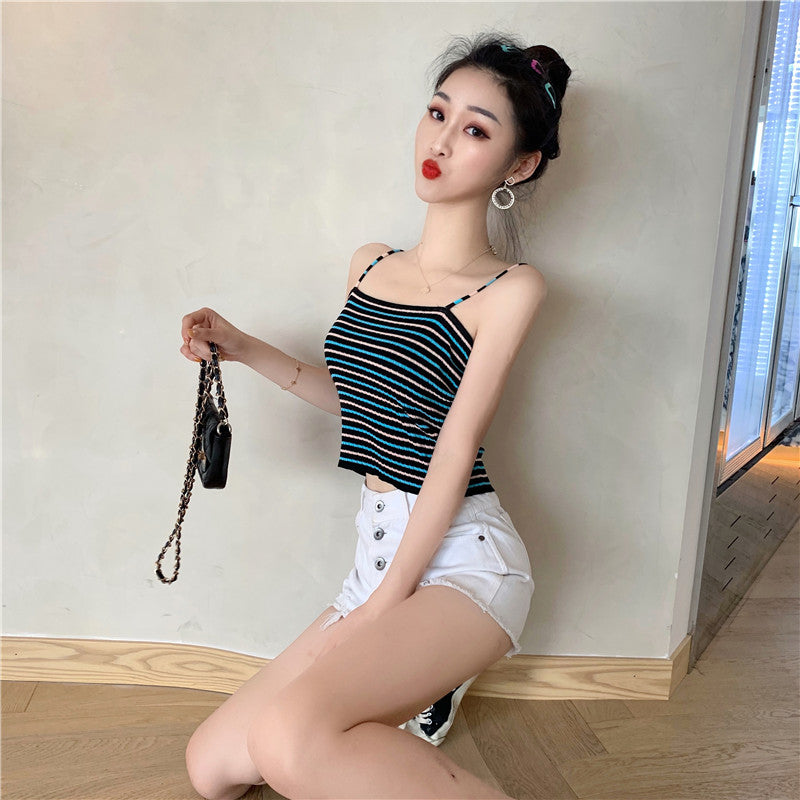 Cute Stripe Knit Cropped Tank Top Spaghetti Strap Camisole Sleeveless Shirt T-shirt Top E-Girl Kawaii Korean Japanese Harajuku Streetwear