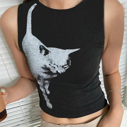 Black Cat Graphic Print Crop Top