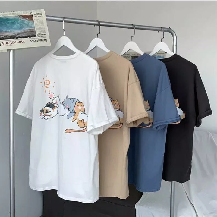 Cute Napping Cat Cartoon Print Short Sleeve Shirt Tees Aesthetic Casual Summer E-Girl Kawaii Korean Japanese Harajuku
