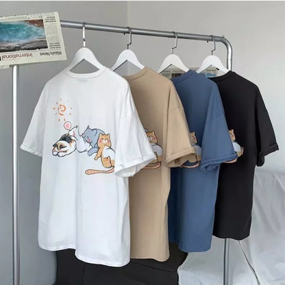 Cute Napping Cat Cartoon Print Short Sleeve Shirt Tees Aesthetic Casual Summer E-Girl Kawaii Korean Japanese Harajuku