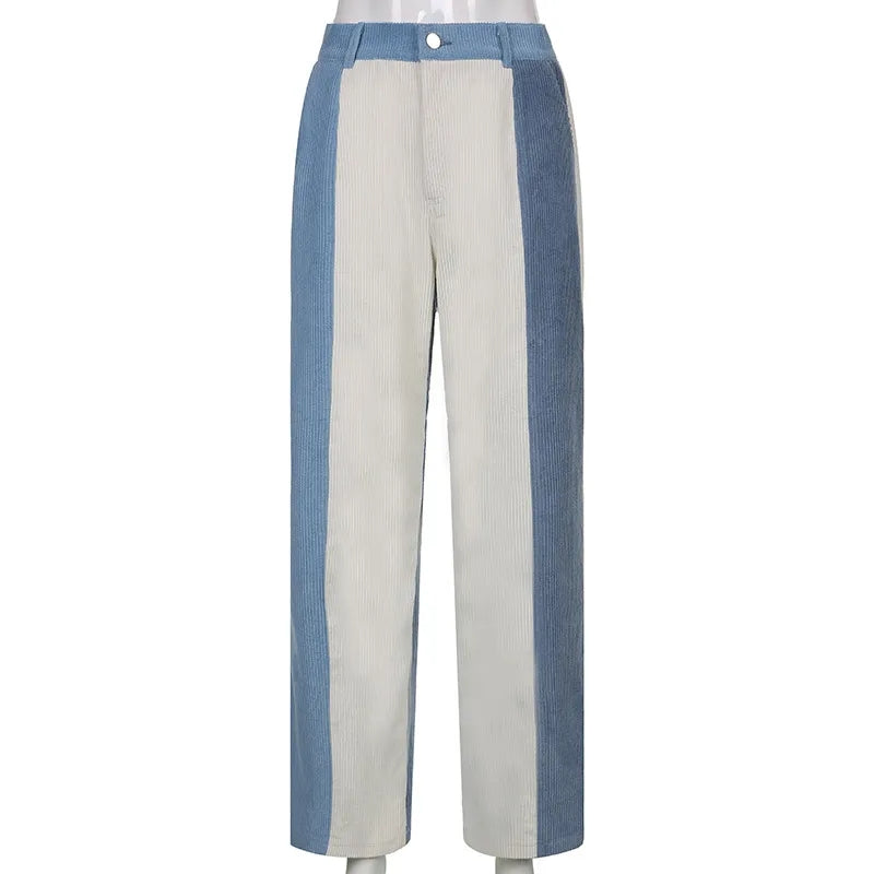 Blue Patchwork Corduroy High Waist Trousers