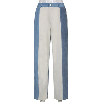 Blue Patchwork Corduroy High Waist Trousers