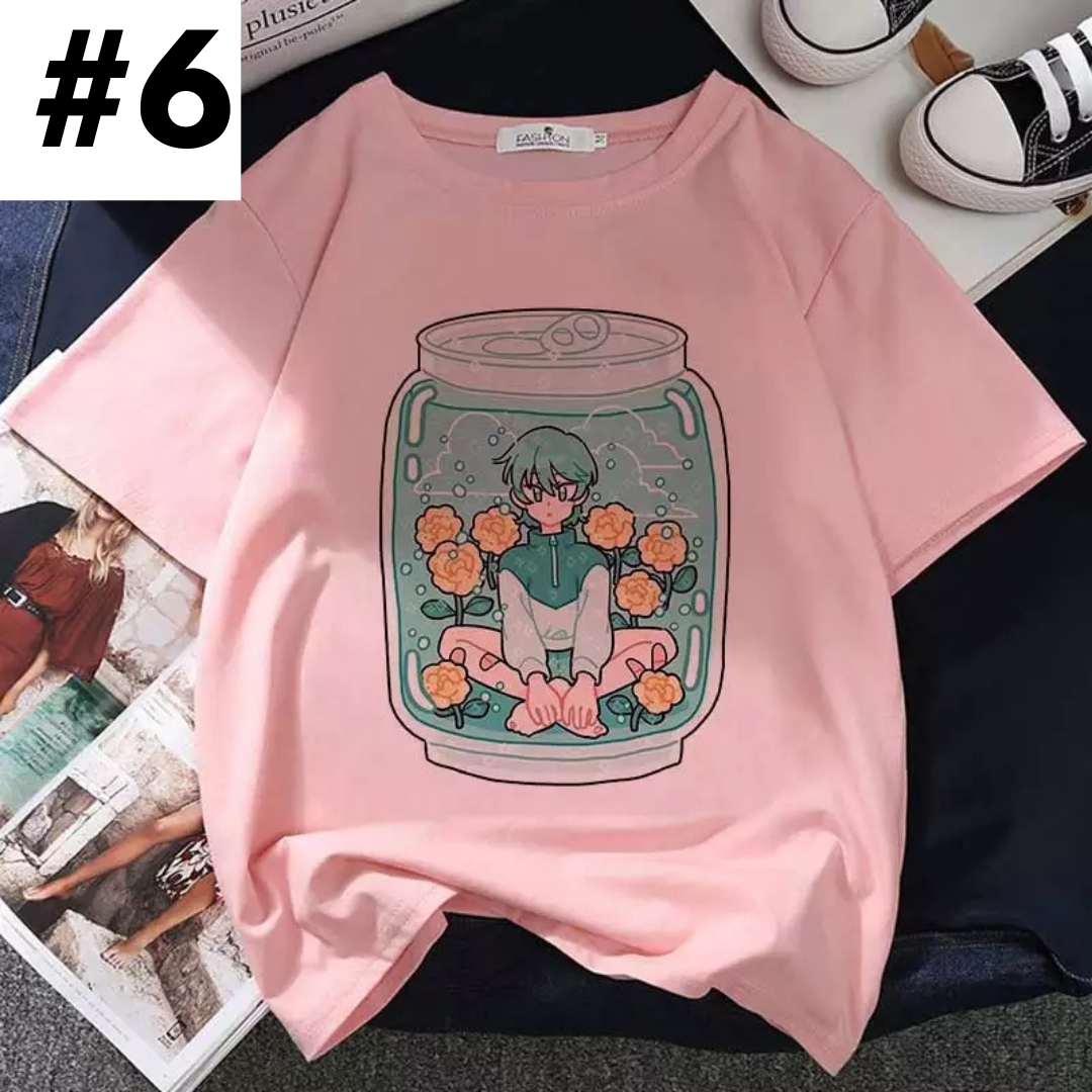 Cute Pastel Pink Strawberry Peach Juice Cartoon Print Loose Short Sleeve Shirt Aesthetic Casual E-Girl Kawaii Korean Japanese Harajuku