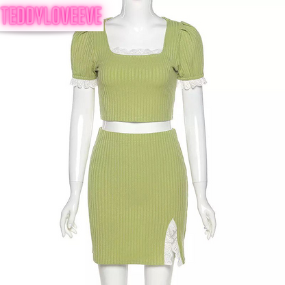 Cute Green Ribbed 2PCS Set Square Collar Puff Sleeve Lace Short Sleeve Crop Top Skirt Summer Party E-Girl Kawaii Korean Japanese Harajuku Streetwear