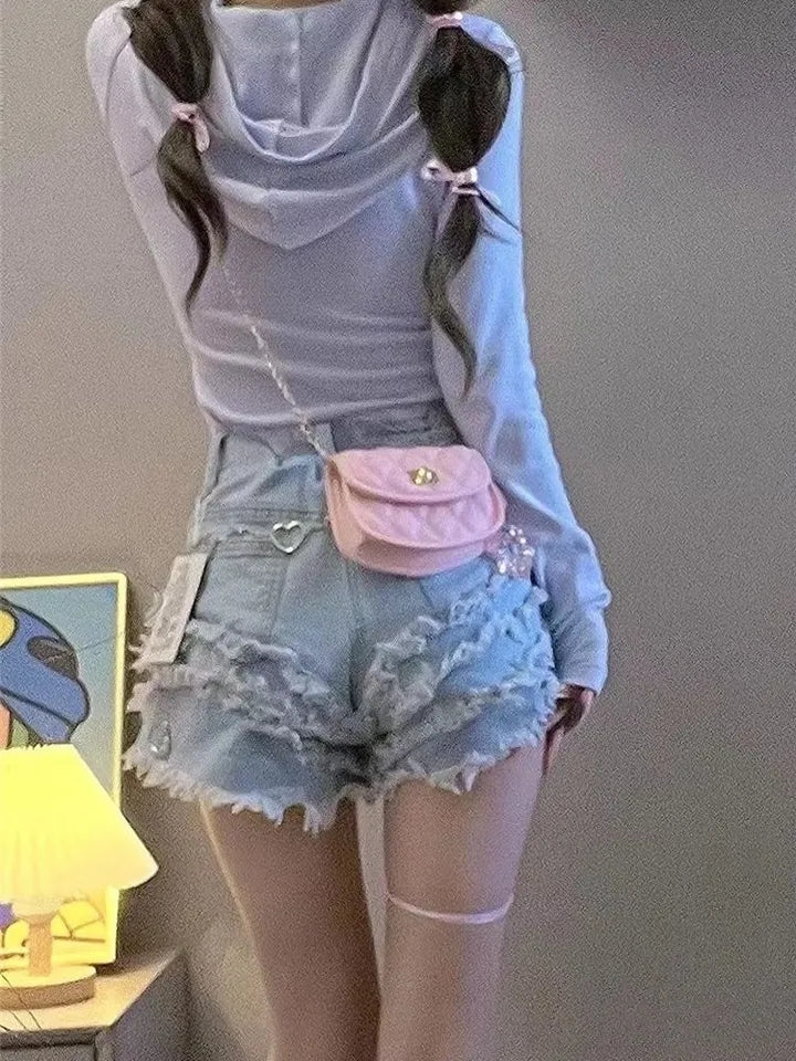 Blue Denim Ruffle Star High Waist Shorts