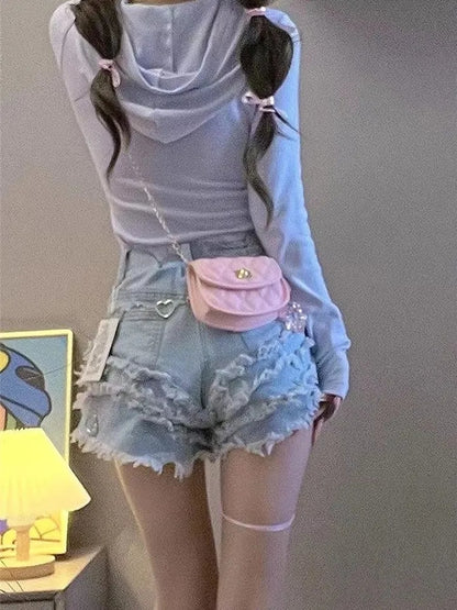 Blue Denim Ruffle Star High Waist Shorts