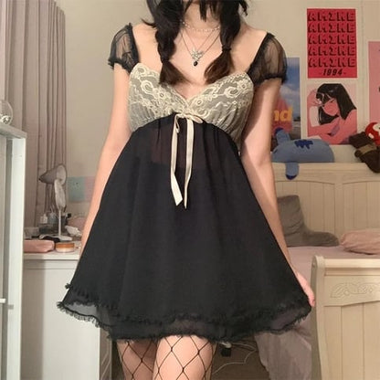 Black Vintage Lace Patchwork Mini Dress