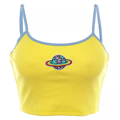 Cute Sexy Planet Embroidery Crop Top Tank Spaghetti Strap T-shirt Tee Shirt E-Girl Kawaii Korean Japanese Harajuku Retro Streetwear Fashion