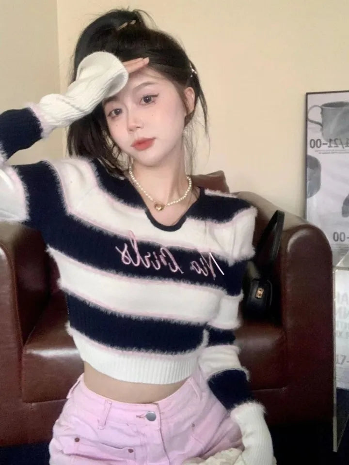 Black & White Fuzzy Cropped Sweater