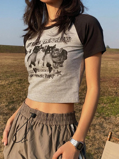 Cat Print Crop Short Sleeve T-shirt