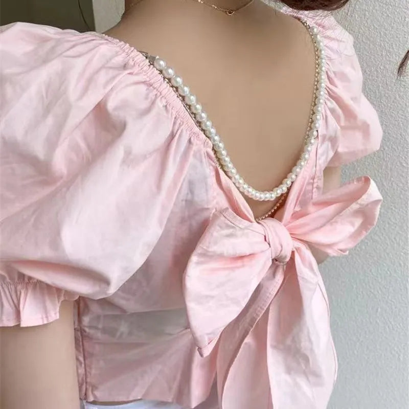 Pink Bow Short Sleeve Blouse