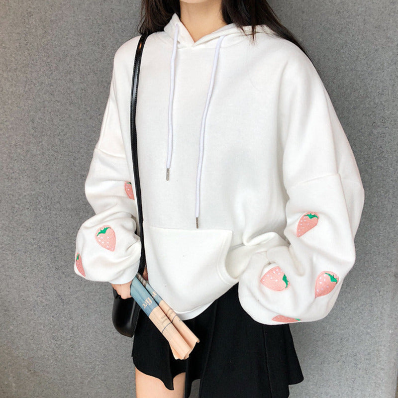Cute Pastel Purple Strawberry Embroidery Patch Oversized Hoodie Sweater Sweatshirt Pullover Winter E-Girl Kawaii Korean Japanese Harajuku Streetwear
