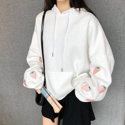 Cute Pastel Purple Strawberry Embroidery Patch Oversized Hoodie Sweater Sweatshirt Pullover Winter E-Girl Kawaii Korean Japanese Harajuku Streetwear