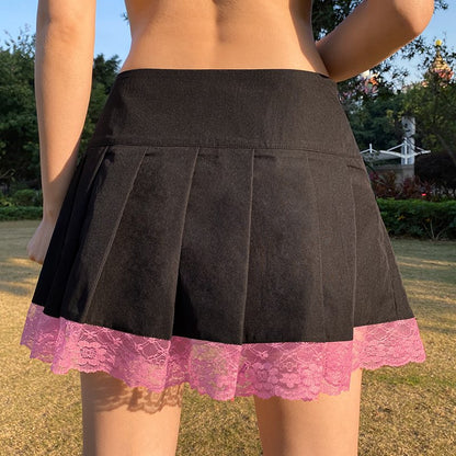 Cute Vintage Lace Trim Ribbon Bow Tie Up Pleated High Waisted Skirt Punk Goth E-Girl Kawaii Korean Japanese Harajuku Streetwear