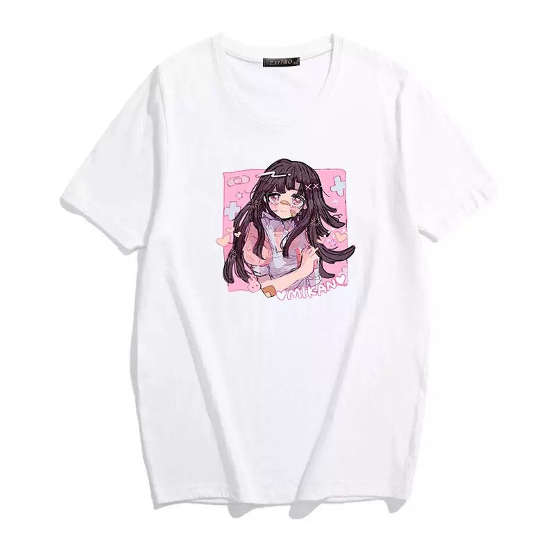 Cute Sweet Vintage Black Anime Girl Cartoon Print Short Sleeve Shirt Oversize Loose T-shirt Top Goth E-Girl Kawaii Korean Japanese Harajuku Streetwear