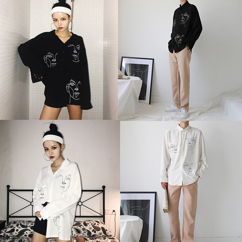 Cute Face Asymmetrical White Long Sleeve Shirt Tee T-shirt Top Blouse E-Girl Kawaii Korean Japanese Harajuku Retro Streetwear Aesthetic