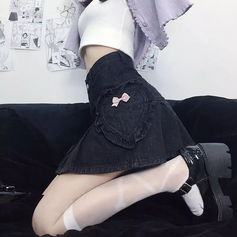Cute Black Heart Bow Pocket Denim Mini Skirt High Waisted Pleated Aesthetic Goth Casual Summer E-Girl Kawaii Korean Japanese Harajuku