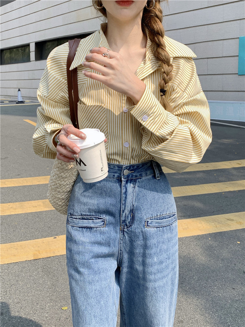 Yellow Stripe Loose Long Sleeve Shirt