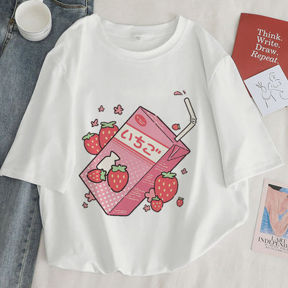 Cute Pink Strawberry Juice Box Graphic Cartoon Print Loose Short Sleeve Short T-shirt Top Casual E-Girl Kawaii Korean Japanese Harajuku Streetwear