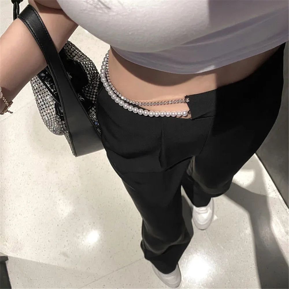 Pearl Rhinestone Black High Waist Pants