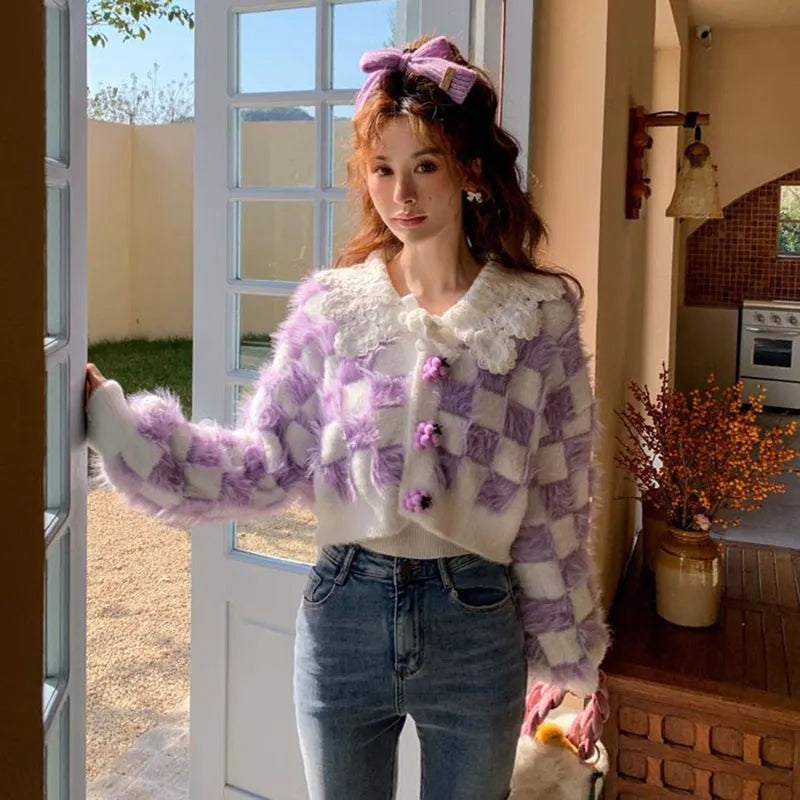 Fluffy Purple & White Plaid Cardigan